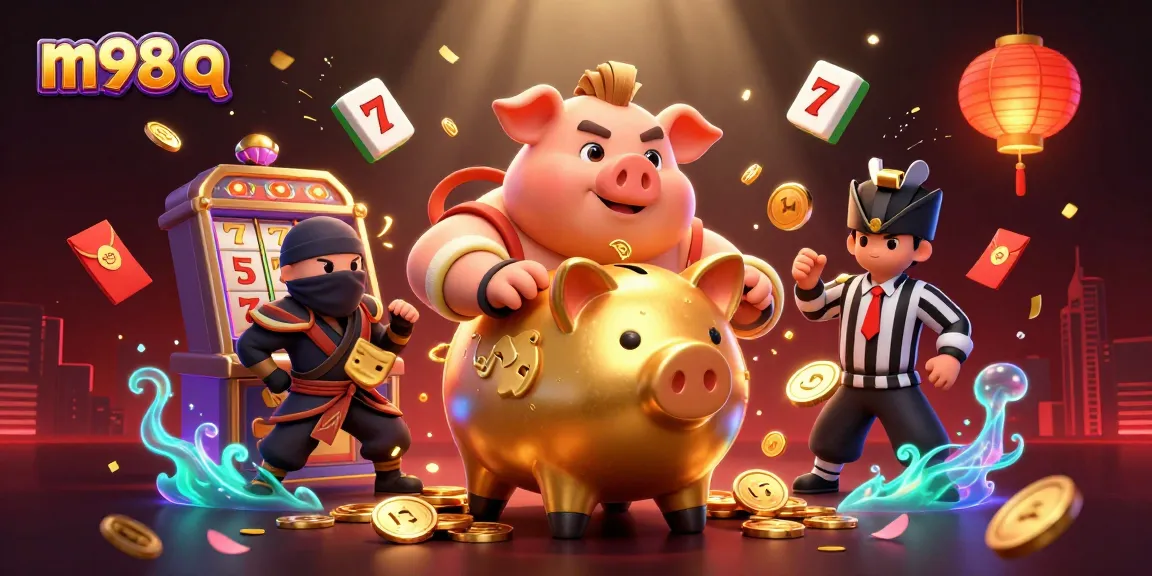 Experience wins in vibrant 3D with m98 q at a bustling casino scene featuring characters and slots.