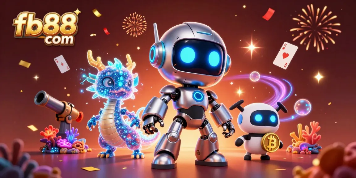 Win big with fb88 com in a vibrant 3D casino scene featuring a robot mascot and gaming elements.