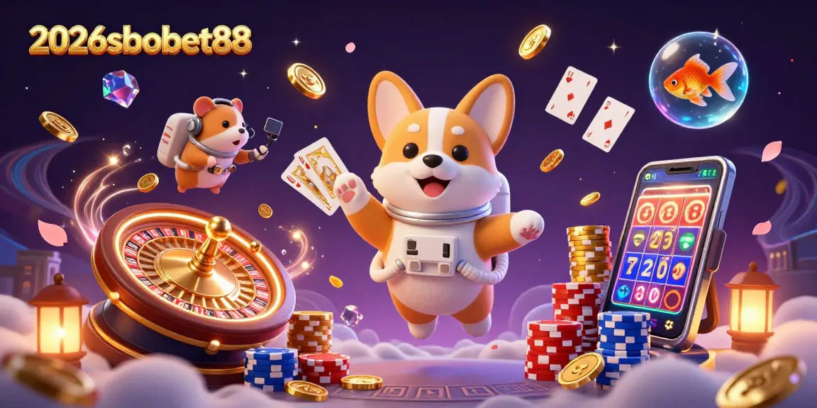 Exciting floating casino scene with 2026sbobet88 featuring a corgi, a hamster, and a goldfish amidst gaming elements.