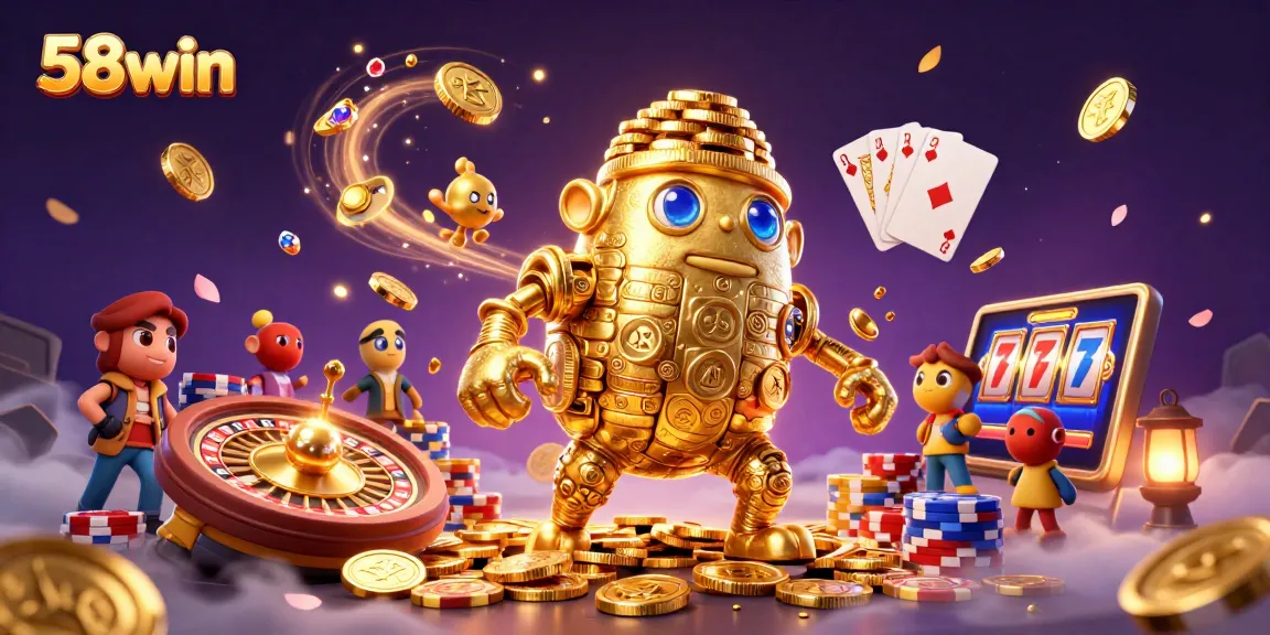 Experience the excitement of 58win with a vibrant casino scene featuring golden characters and game elements