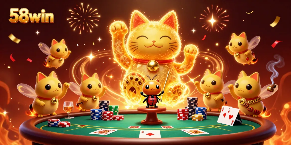 Catch the excitement of 58win with a golden lucky cat scene full of casino symbols.