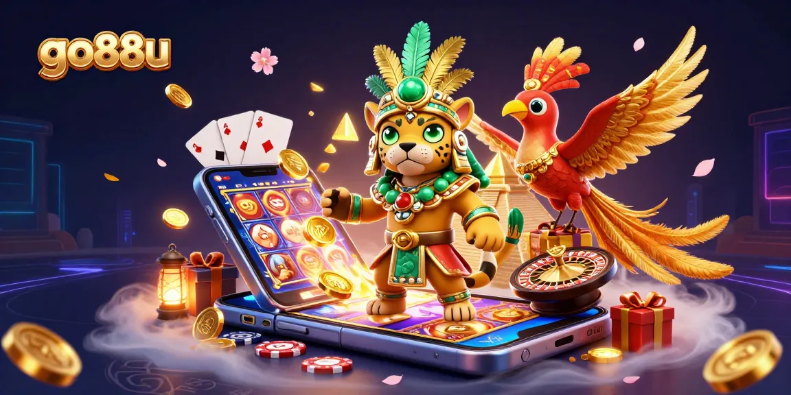 Experience the vibrant world of go88u with a Mayan jaguar priest, slot games, and tropical elements.