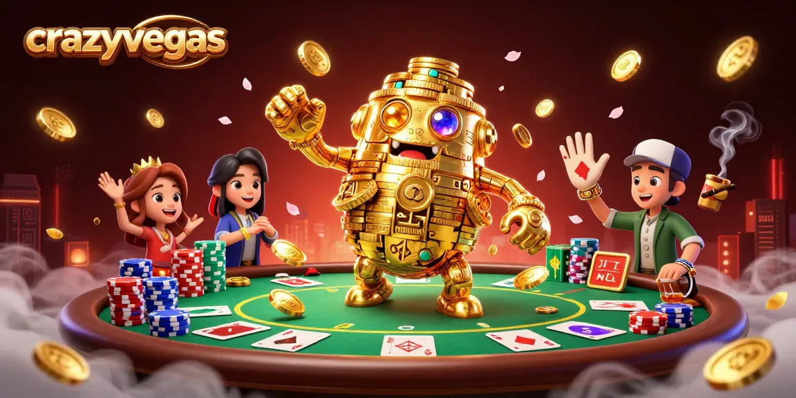 Experience crazyvegas with the golden golem amid a vibrant poker table scene full of action.