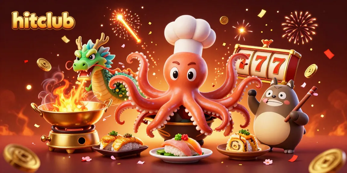Hitclub features an exciting scene with an octopus chef preparing dishes alongside a dragon and tanuki.